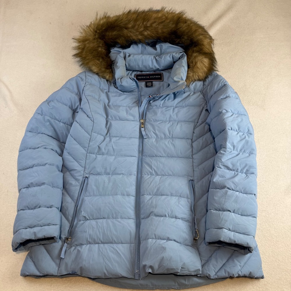Tommy Hilfiger Womens Light Blue Quilted Puffer Jacket Faux Fur Hood Size Large